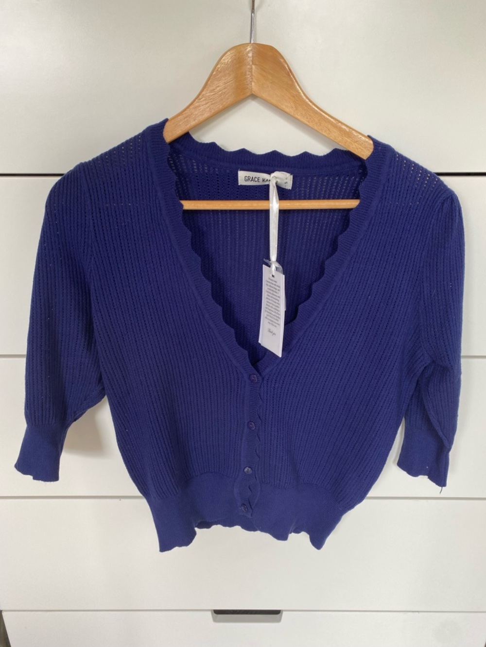 Grace Karin Navy V-Neck Scalloped Ribbed Button Cardigan NWT